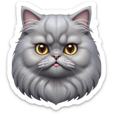 Cinematic Derpy grumpy comical Grey Persian Cat Portrait Emoji, Head tilted playfully with an adorably awkward expression, fluffy grey fur with soft silver undertones, Simplified yet hilariously derpy features, highly detailed, glowing with a warm but slightly confused glow, high shine, a mix of lazy and clueless, stylized with a touch of whimsy, bright but with a completely derpy and grumpy face, soft glowing outline, capturing the essence of a quirky yet chubby, grumpy kitty, so endearing it feels like it could stretch out of the screen and demand attention with its wonderfully derpy charm! sticker