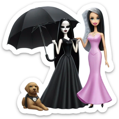 Funeral Barbie,teen Morticia Addams ,drying tears with handkerchief, show full body,accessories  gloves, funeral veil, holding umbrella  sticker