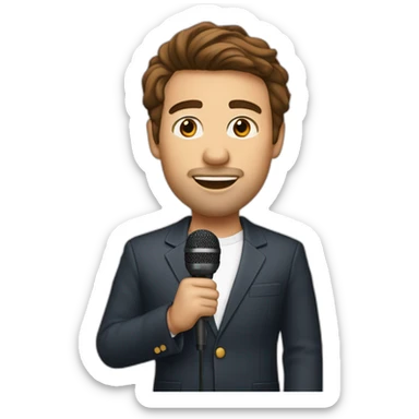  men with brown hair and light skin with microphone stand in front of him with show spotlights on a stage sticker