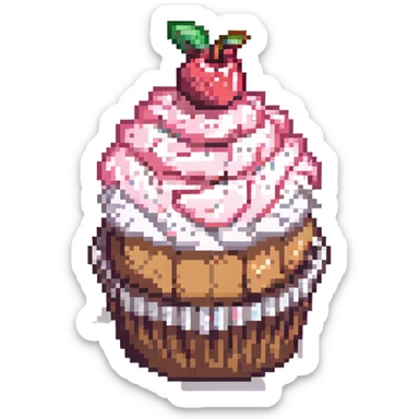 pixel art cupcake with pink icing and a cherry on top sticker