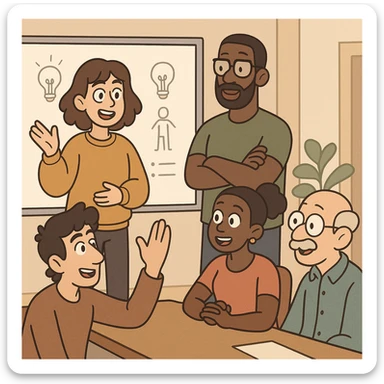 a cartoon-style workshop scene with diverse people and a whiteboard at the front sticker