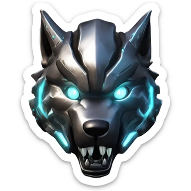 Warframe-inspired wolf Warframe with sleek biomechanical armor, a snarling wolf-like helmet, glowing eyes, and clawed gauntlets. Dark metallic colors with glowing energy lines, blending feral agility and deadly stealth. sticker
