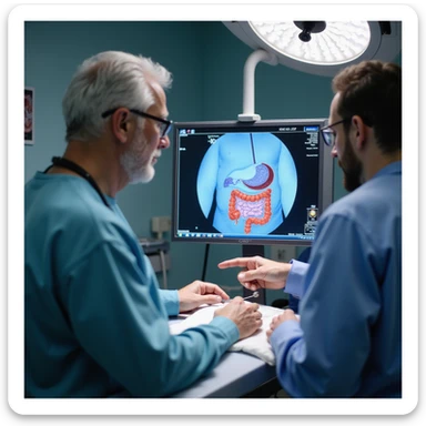 realistic clinical scene of a 50-year-old man undergoing colonoscopy, monitor showing a 5mm polyp removed with a snare, doctor pointing to early cancerous changes, hospital environment sticker
