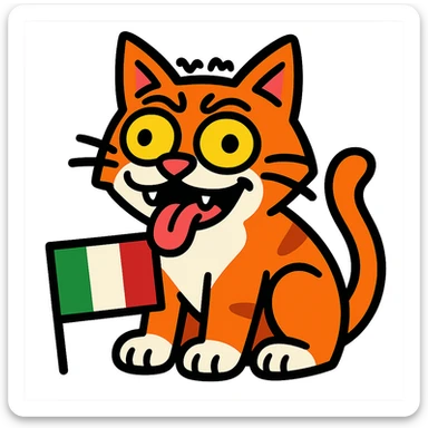 Italian cat with wild eyes and goofy expression, brainrot meme style, cartoonish sticker