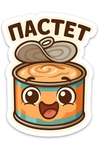 Funny chibi open pâté tin can, lid flipped open, creamy pâté visible, goofy smiling face, exaggerated big eyes, playful cartoon emoji style, thick outline, bright colors, Twitch chat emote, text "ПАСТЕТ" in Cyrillic abovee sticker