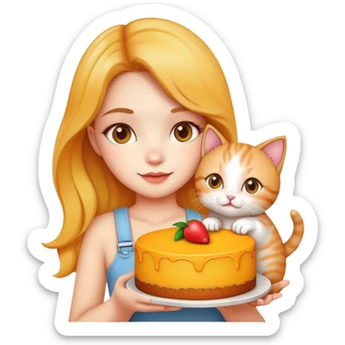 Beautiful girl holding a big mango cake and a kitten in her hands sticker