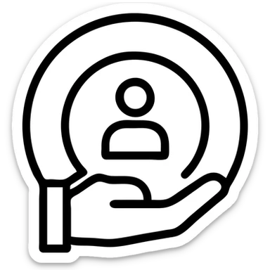 Redesign the icon by removing the three people icons above, changing the layout to be more optimized and neat, similar to the attached reference images. Place the Volio logo in the center, and incorporate a single human resources symbol like a hand holding a person in a clean, professional, and iconic style. Maintain a neat and optimized layout with a black outlined icon style. sticker