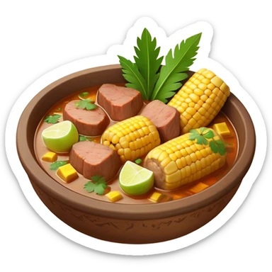 Cinematic Realistic Sancocho Antioqueño Emoji, depicting a hearty Colombian stew brimming with tender cuts of meat, yuca, plantains, corn on the cob, and potatoes in a rich, flavorful broth. Served in a rustic clay bowl with fresh cilantro and lime on the side, rendered with warm, inviting textures and homely, comforting lighting. sticker