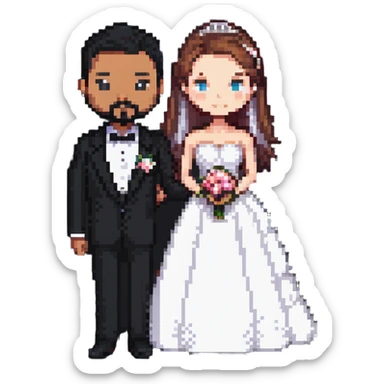 light-skinned African American woman in a wedding dress and light-skinned man with a black goatee in a tuxedo sticker