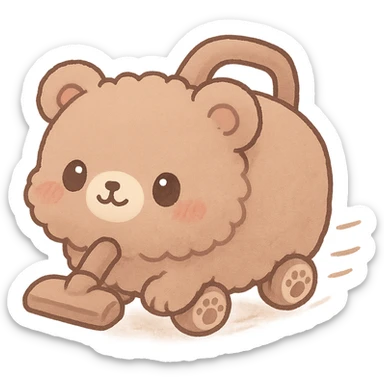 kawaii chibi fluffy bear vacuum cleaner with tiny paw wheels, rolling adorably, soft brown pastel, full-body sticker