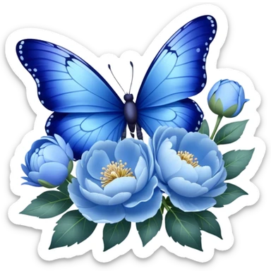A delicate butterfly with cobalt blue and powder blue wings, its edges dusted with shimmering silver, gently perched on a cluster of blooming pastel blue peonies and deep navy pansies, their petals unfolding in the soft sunlight. sticker
