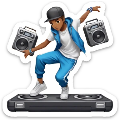 Icon for Street Dance: a dancer in urban streetwear performing a dynamic lower breakdance move, with a spray-painted background and a boombox on the asphalt. The icon should capture the energy, style, and creativity of street dance culture. Transparent background. sticker