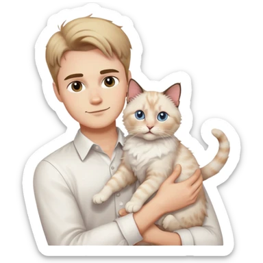A young handsome Caucasian man in a white shirt holding a ragdoll cat sticker