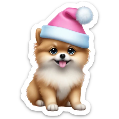 pomeranian puppy full body light blue eyes pink christmas hat on sticker