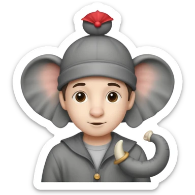 A boy that has a elephant hat that has a trunk sticker
