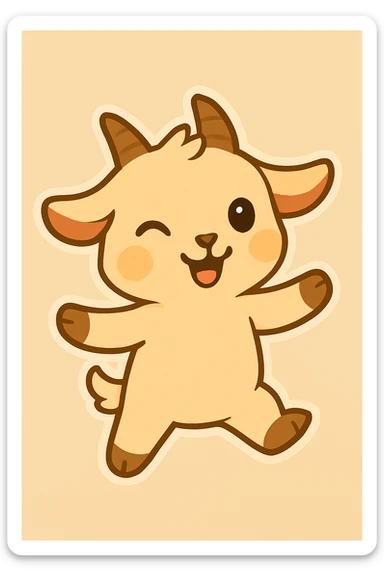 Chibi goat, winking and dancing, both feet on ground, arms out to sides, joyful expression, animation frame 3, same style and background as reference. sticker
