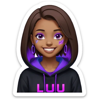brown haired girl with a bob and blue eyes wearing black hoody with violet letters "Lu", laughs. Cyberpunk style. Violet neon. sticker