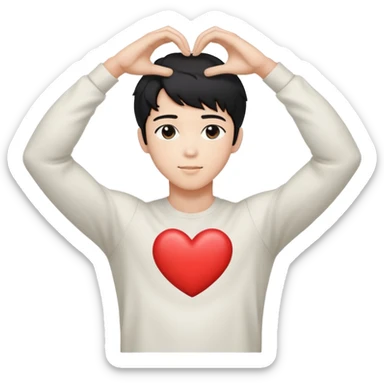 Black-haired male idol forming a heart shape with his arms above his head, arms curved to make heart outline, K-pop style sticker