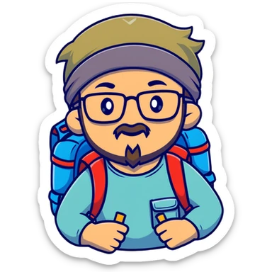 adventurer with goatee beard (no beard on cheeks), short hair, glasses, bandana on head and backpack sticker