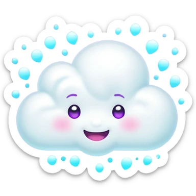 A tiny kawaii cloud emoji with a cheeky smile and wink, soft neon glow in purple/cyan, little sparkles floating, playful delulu vibe. sticker