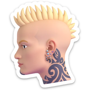 head of a white man with mohawk, earring, and head tattoo sticker