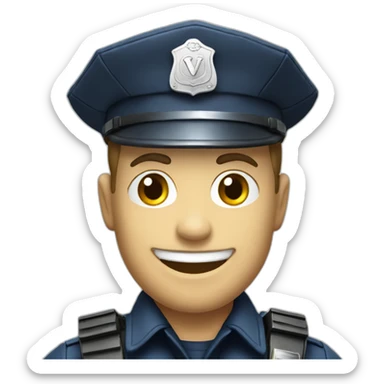 realistic photo of a smiling policeman showing a capital letter V sticker