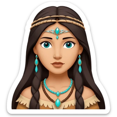 Cinematic Elegant Pocahontas Portrait Emoji, rendered in a realistic, vector-style with minimal shading and bold, simplified shapes. Depict Pocahontas (chest and above) with warm, sun-kissed skin, long, flowing dark hair, and gentle, wise eyes, wearing traditional attire in earthy tones with hints of turquoise. The image glows with a soft, natural radiance and high shine, embodying timeless indigenous beauty. sticker