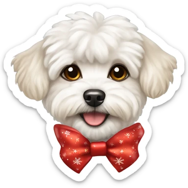 Maltipoo white dog wearing a red christmasy bow sticker