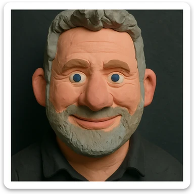 Claymation portrait of the user's face with a slightly larger forehead, friendly and confident facial expression, background in anthracite color, different lighting mood. sticker