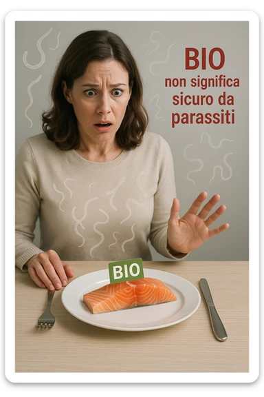 Donna tra i 30 e i 40 anni, seduta a tavola con espressione sorpresa e preoccupata mentre guarda un piatto elegante di salmone crudo etichettato 'BIO'. In trasparenza sopra il salmone si vedono parassiti intestinali stilizzati, come larve o vermi sottili, fluttuanti nell’aria. Accanto al piatto, una scritta fluttuante in stile etichetta rossa avverte: 'BIO non significa sicuro da parassiti'. Atmosfera visivamente pulita ma con tensione sottile, colori realistici con accento sul contrasto tra immagine 'salutare' e minaccia invisibile sticker
