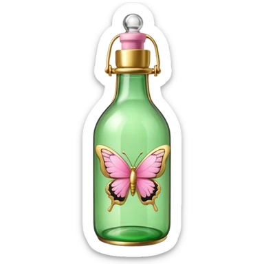 enhanced green bottle with more details and gold accents, pink butterflies, emoji style sticker