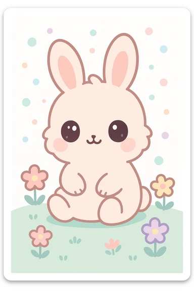 cute fluffy chibi bunny with big round eyes, soft fur, pink cheeks, sitting on a grassy field with flowers, pastel palette, springtime setting, digital art, kawaii cartoon, 4k resolution sticker