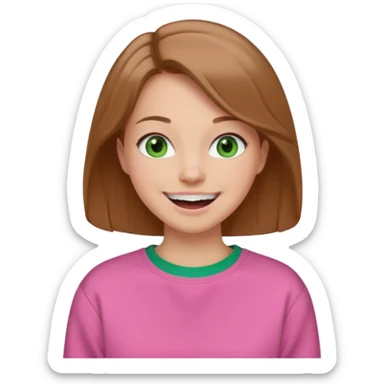  Una donna con una felpa semplice rosa, senza cappuccio. i capelli sono lunghi fino alle spalle marroni chiaro,gli occhi sono verdi e la bocca è contenta  sticker