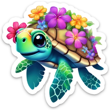 Lisa Frank, rainbow sea turtle with flowers on shell  sticker