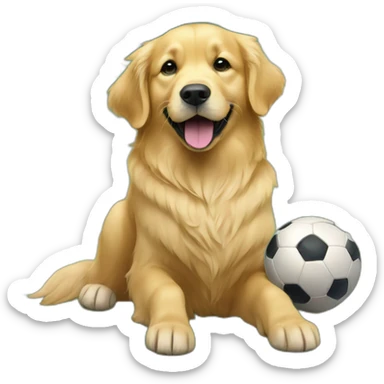 A golden retriever named Enzo playing with a soccer ball sticker