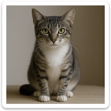 Make this cat skinnier, keeping the white streak up the nose area, grey top, white belly, partly grey and white legs, medium fur length, and gentle expression in a realistic style. sticker