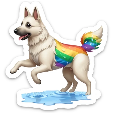 White belgian Shepard jumping over Rain puddles. There is a rainbow in the sky sticker