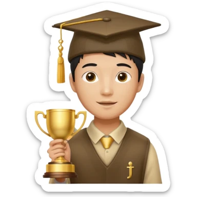 An asian man wearing student hat, holding a trophey sticker