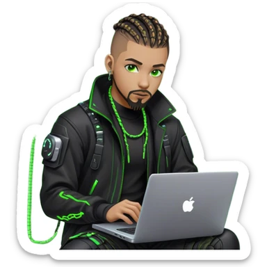 Light skinned African American male with green eyes as a cyberpunk hacker with cornrows hairstyle but short cornrows  with just goatee facial hair and no beard hacking/coding on laptop  sticker