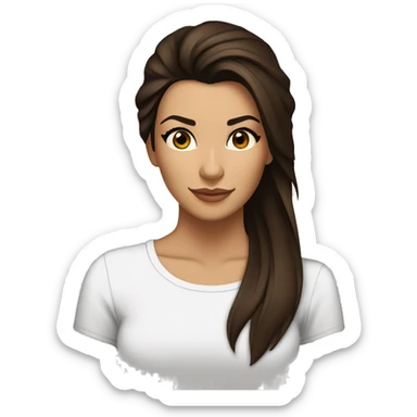 3/4 face, contrasted, shadow, light, Eva Longoria expression, thin nose, brunette woman, hazel eyes, long eyelashes, dark shoulder shaded hair, white t-shirt sticker