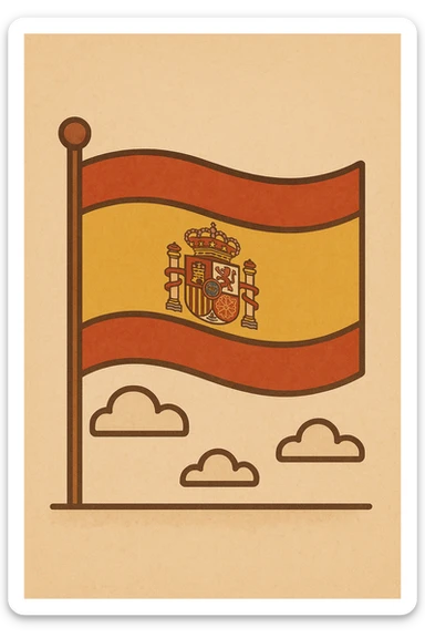 Add the Spanish coat of arms in the center of the flag, classic look with red and yellow stripes, flat style emphasizing warm colors and traditional design. sticker