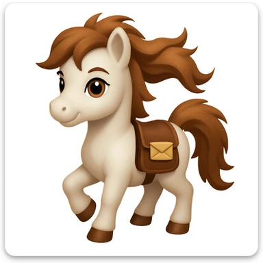 Add a saddle with a mail-pouch to the eager pony, keep the hair blowing in the wind, in emoji style. sticker