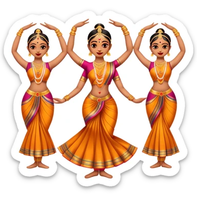 Cinematic Realistic Bharatanatyam Dance Emoji, depicted as an elegant classical Indian dance performance with graceful poses, intricate costumes, and expressive hand gestures, rendered with rich textures and warm dramatic lighting that captures its timeless beauty. sticker