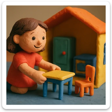 smiling girl arranging furniture in doll house sticker
