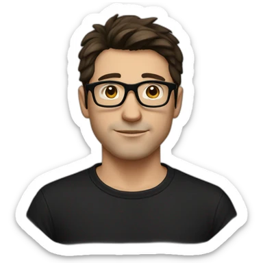 a slim white man with messy short dark brown hair, with a black t-shirt, black rectangular glasses sticker
