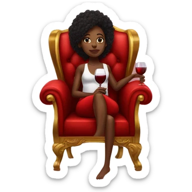 black girl sitting cross-legged on big red throne chair with glass of wine in hand sticker