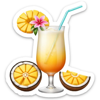 A beautiful cocktail with a creamy white to orange gradient, containing coconut juice and mango, reminiscent of summer. Above, there are tropical flowers, lemon slices, and a straws. sticker