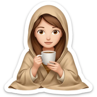 brown hair woman sitting under beige blanket, with a blanket over his head, holding cup of coffe sticker