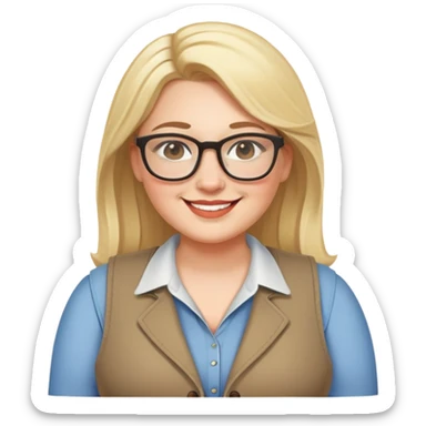 Plus size blonde woman wearing glasses and a vest, friendly smile sticker