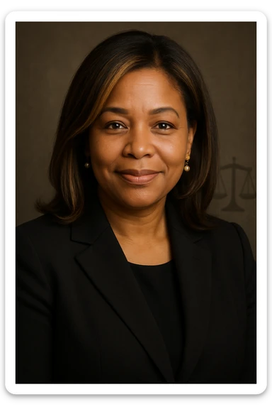 Black woman with blonde highlights and brunette hair, formal dark attire, expression of authority and warmth, light smile, confident gaze. Subtle justice symbol in the background. Maternal touch: delicate earrings or small pendant. sticker